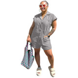 Grey Straight Type Woven Short Sleeve Shorts Rompers with Pockets