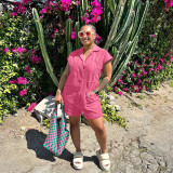 Pink Straight Type Woven Short Sleeve Shorts Rompers with Pockets