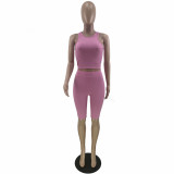 Pink Solid Color Sleeveless Vest Shorts Sets