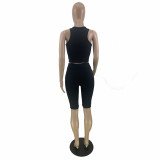 Black Solid Color Sleeveless Vest Shorts Sets