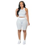 White Solid Color Sleeveless Vest Shorts Sets