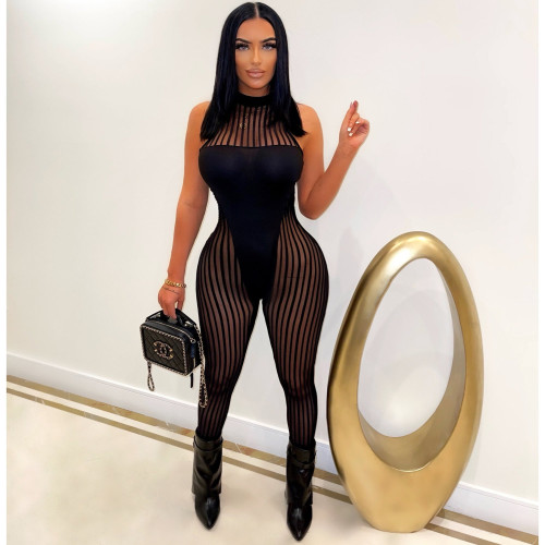 Black Solid Color Mesh Stitching Sexy Perspective Sleeveless Jumpsuits