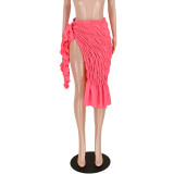 Nightclub Sexy Women Fashion Bright Color Fish Tail Split Knot Elastic Waist Half Hips Pleated Skirts For Ladies