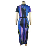 Women Printed Short Sleeve V-Neck Maxi Dress with belts