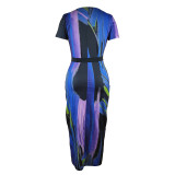 Women Printed Short Sleeve V-Neck Maxi Dress with belts