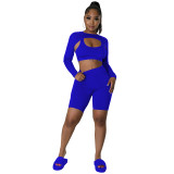 Royal Blue Solid Color Sports Long Sleeves Shawl Vest & Shorts 3 Piece Set