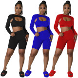 Red Solid Color Sports Long Sleeves Shawl Vest & Shorts 3 Piece Set