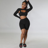 Black Solid Color Sports Long Sleeves Shawl Vest & Shorts 3 Piece Set