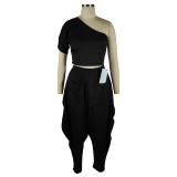 Solid Color Gathered Sloping Top Harem Pants Set with 2 Pockets