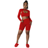 Red Solid Color Sports Long Sleeves Shawl Vest & Shorts 3 Piece Set