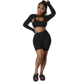 Black Solid Color Sports Long Sleeves Shawl Vest & Shorts 3 Piece Set