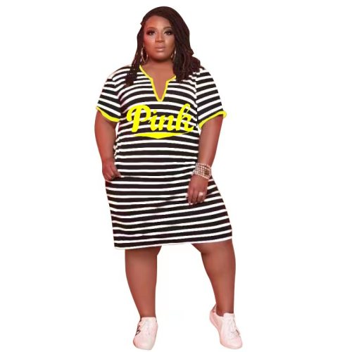 Summer V-Neck Striped Plus Size Casual Midi Dress