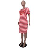 Summer V-Neck Striped Plus Size Casual Midi Dress