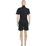 Black Summer Solid Pocket Buttons Turndown Collar Shorts Bodysuits