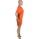 Orange Summer Solid Pocket Buttons Turndown Collar Shorts Bodysuits
