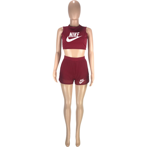 Wine Red Solid Color Offset Printing Mesh Stitching Vest Shorts Sets