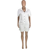 White Summer Solid Pocket Buttons Turndown Collar Shorts Bodysuits