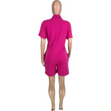 Rose Summer Solid Pocket Buttons Turndown Collar Shorts Bodysuits