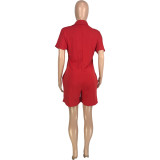 Red Summer Solid Pocket Buttons Turndown Collar Shorts Bodysuits