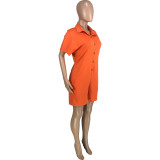 Orange Summer Solid Pocket Buttons Turndown Collar Shorts Bodysuits
