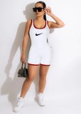 White Fashion Print Solid Color Sleeveless Short Rompers
