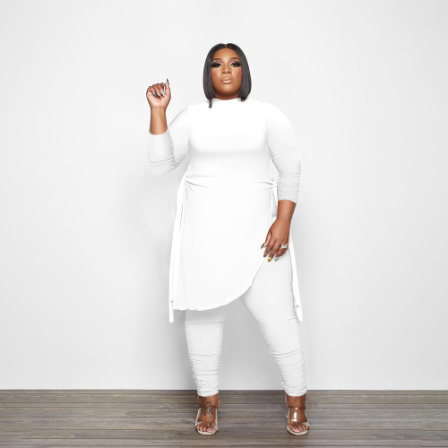 White Plus Size Clothing Two Piece Outfits Long Sleeve O Neck Bandage Tops Pants Sets