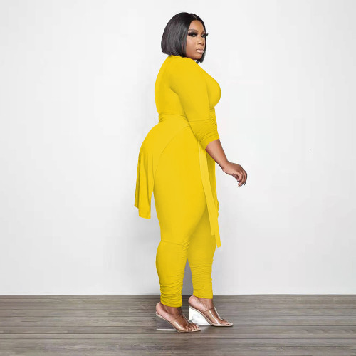 Yellow Plus Size Clothing Two Piece Outfits Long Sleeve O Neck Bandage Tops Pants Sets