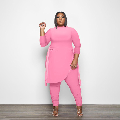 Pink Plus Size Clothing Two Piece Outfits Long Sleeve O Neck Bandage Tops Pants Sets