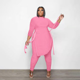 Pink Plus Size Clothing Two Piece Outfits Long Sleeve O Neck Bandage Tops Pants Sets
