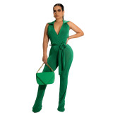 Green Casual Solid Patchwork Turndown Collar Boot Cut Jumpsuits with Belt