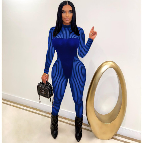 Blue Women's Mesh Striped Long Sleeve Sexy See Through Jumpsuit