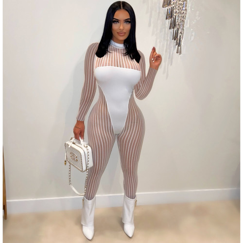 White Women's Mesh Striped Long Sleeve Sexy See Through Jumpsuit