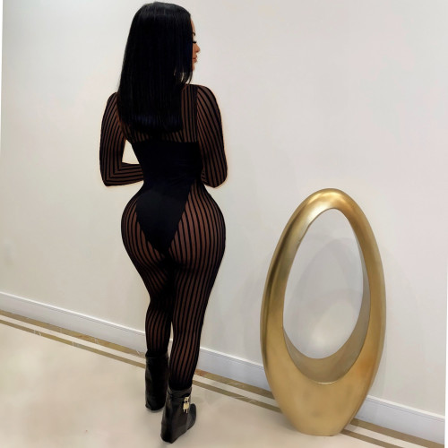 Black Women's Mesh Striped Long Sleeve Sexy See Through Jumpsuit