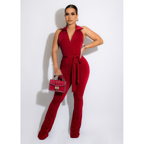 Red Casual Solid Patchwork Turndown Collar Boot Cut Jumpsuits with Belt
