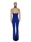 Blue Casual Solid Patchwork Turndown Collar Boot Cut Jumpsuits with Belt