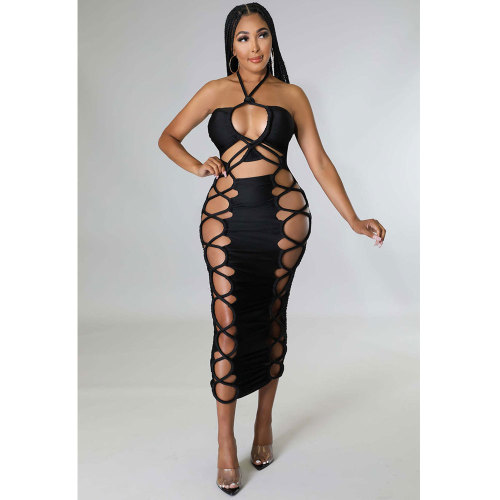Women Summer 2022 Bandage Dress Halter Slit Lace Up Bodycon Evening Club Party Ruched Long Dress