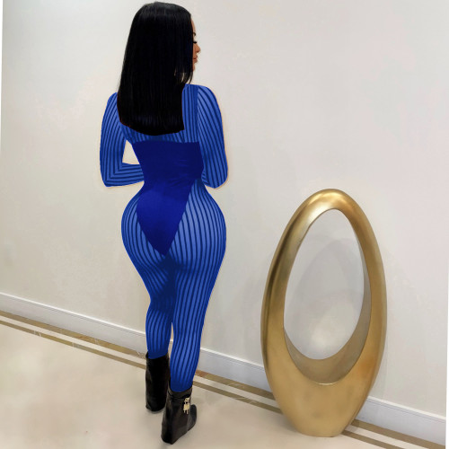 Blue Women's Mesh Striped Long Sleeve Sexy See Through Jumpsuit