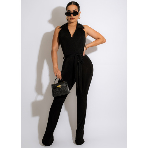 Black Casual Solid Patchwork Turndown Collar Boot Cut Jumpsuits with Belt