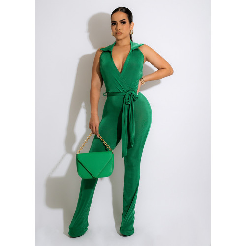 Green Casual Solid Patchwork Turndown Collar Boot Cut Jumpsuits with Belt