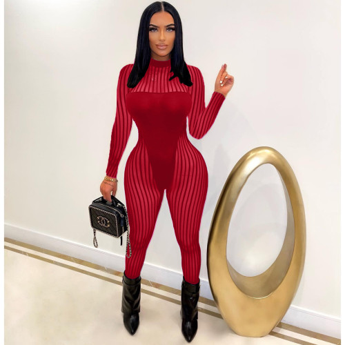 Red Women's Mesh Striped Long Sleeve Sexy See Through Jumpsuit