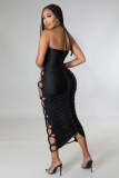 Women Summer 2022 Bandage Dress Halter Slit Lace Up Bodycon Evening Club Party Ruched Long Dress