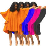 Orange Ruffles Splice Ladies Loose Dresses Women Batwing Sleeve Sexy Club Party Dress