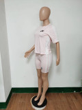 Pink Casual Print Biker 2 Piece Set O Collar Short Sleeve T Shirt Top Shorts Sets