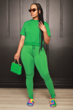 Green Casual Solid Patchwork O Neck Zipper Top Short Sleeve Two Pieces Pant Set