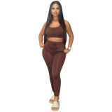 Coffee Solid Color Sleeveless Crop Vest Top Sweatpant Set with Pockets
