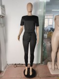 Black Casual Solid Patchwork O Neck Zipper Top Short Sleeve Two Pieces Pant Set