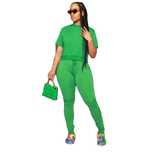 Green Casual Solid Patchwork O Neck Zipper Top Short Sleeve Two Pieces Pant Set