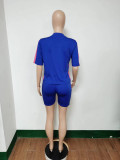 Blue Casual Print Biker 2 Piece Set O Collar Short Sleeve T Shirt Top Shorts Sets