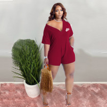 Wine Red Summer Short Sleeve Printed V Neck Rompers with Pockets