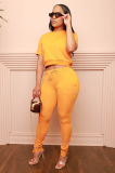 Yellow Casual Solid Patchwork O Neck Zipper Top Short Sleeve Two Pieces Pant Set